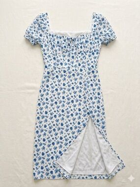 White Dress with Blue Floral Print